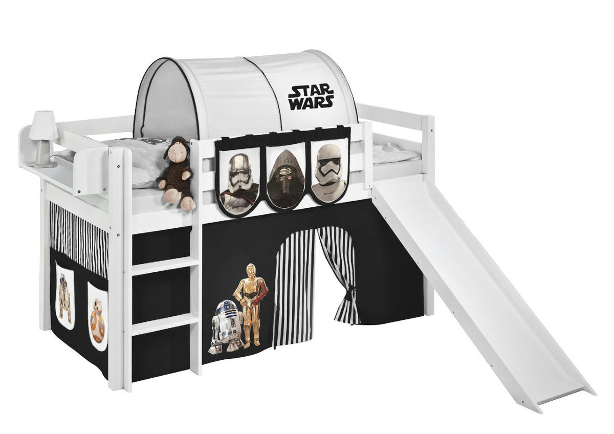 SPIELBETT JELLE Star Wars Schwarz - Hochbett - mit Rutsche und Vorhang - Weiß, Holz - Lilokids