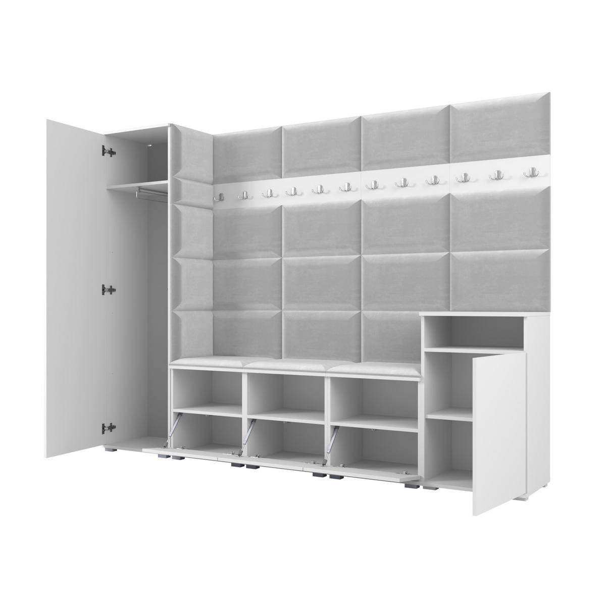 GARDEROBE NELA XI 250 cm (Modulare Flurmöbel Graphit mit Spiegel & Sitzpolster Hellgrau 32 Großes Set) - Silberfarben/Hellgrau, Holz/Holzwerkstoff (250/187/40cm) - Ravio