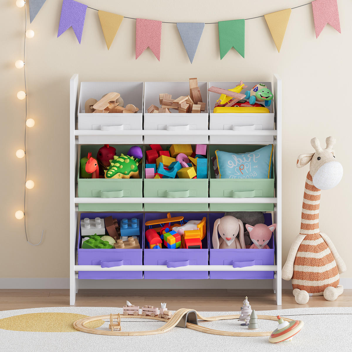 KINDERREGAL Boiro - Lila/Hellgrün, Holzwerkstoff/Textil (62/59.5/29.5cm) - [en.casa]