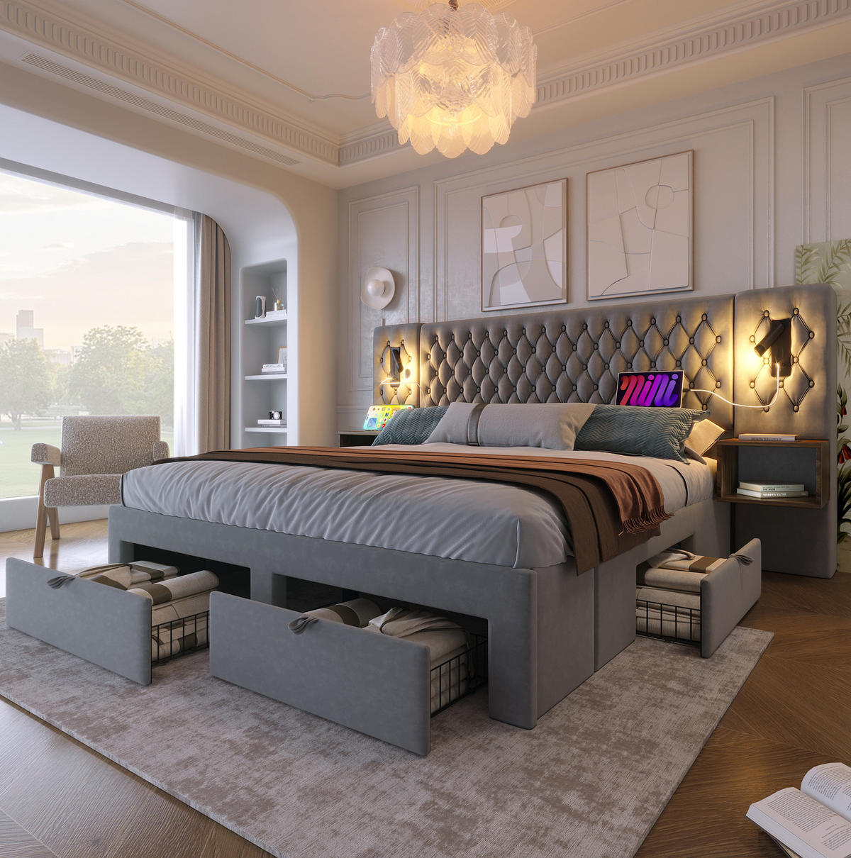 BETT mit 2 Nachttischen, 4 Schubladen und USB 160x200 cm Samt Grau - Grau, Metall (160/200cm) - Meubliv