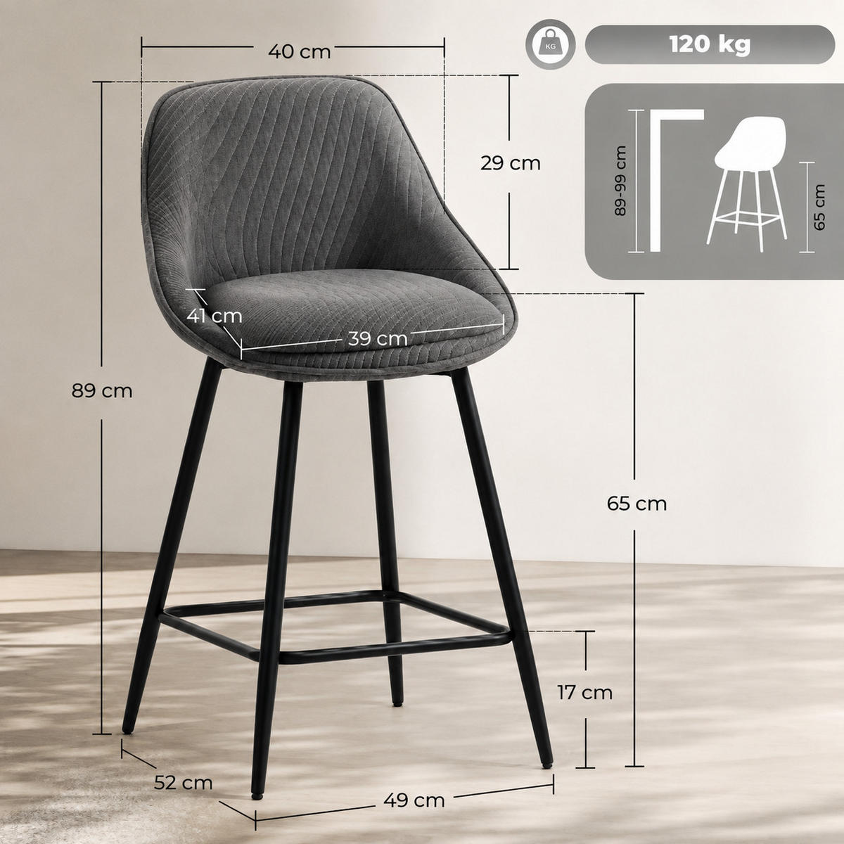 BARHOCKER 2er-Set drehbar 65 cm Polyester Gray - Grau, Metall (49/88/52cm) - Meubliv