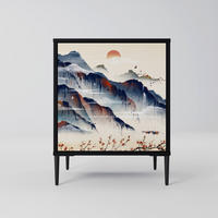 SIDEBOARD JAPANESE LANDSCAPE, Schwarz, 57,5x42x72,5 cm, Schwarze Metallfüße - Multicolor/Schwarz, Holzwerkstoff/Metall (57.5/72.5/42cm) - SpaceRebels