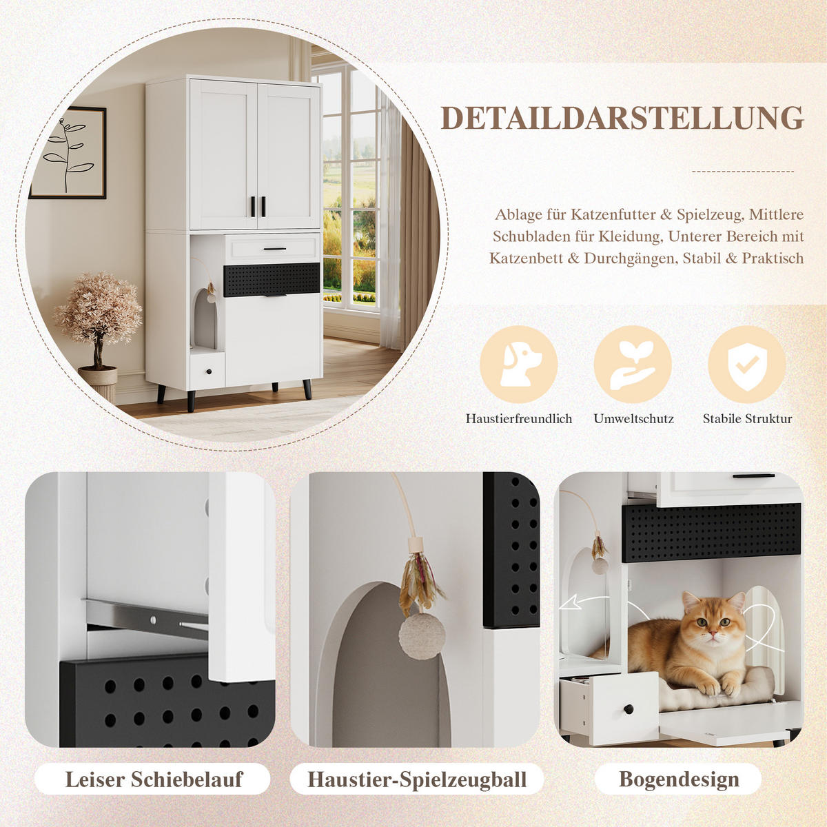 BUFFET Katzenmöbel Schrank MDF Katzenhaus Multifunktion Spielbereich verstellbare Böden Stauraum - Schwarz/Weiß, Holzwerkstoff/Metall (80/161/40cm) - EVRYAE