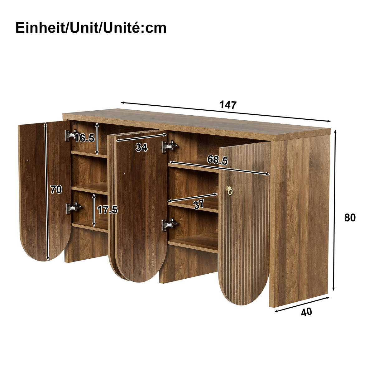 SIDEBOARD Elegantes in Walnuss Optik, 147/40/80cm - Ahornfarben, Holzwerkstoff (147/80/40cm) - Urban Meuble