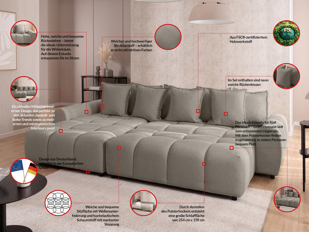 ECKSOFA inkl. Hocker Bubble mit Schlaffunktion und losen Rückenkissen, Sitzfläche in Bubble-Optik aus weichem Taupe Strukturstoff - Ottomane Links - Taupe/Schwarz, Holz/Kunststoff (180/306cm) - S-Style Möbel
