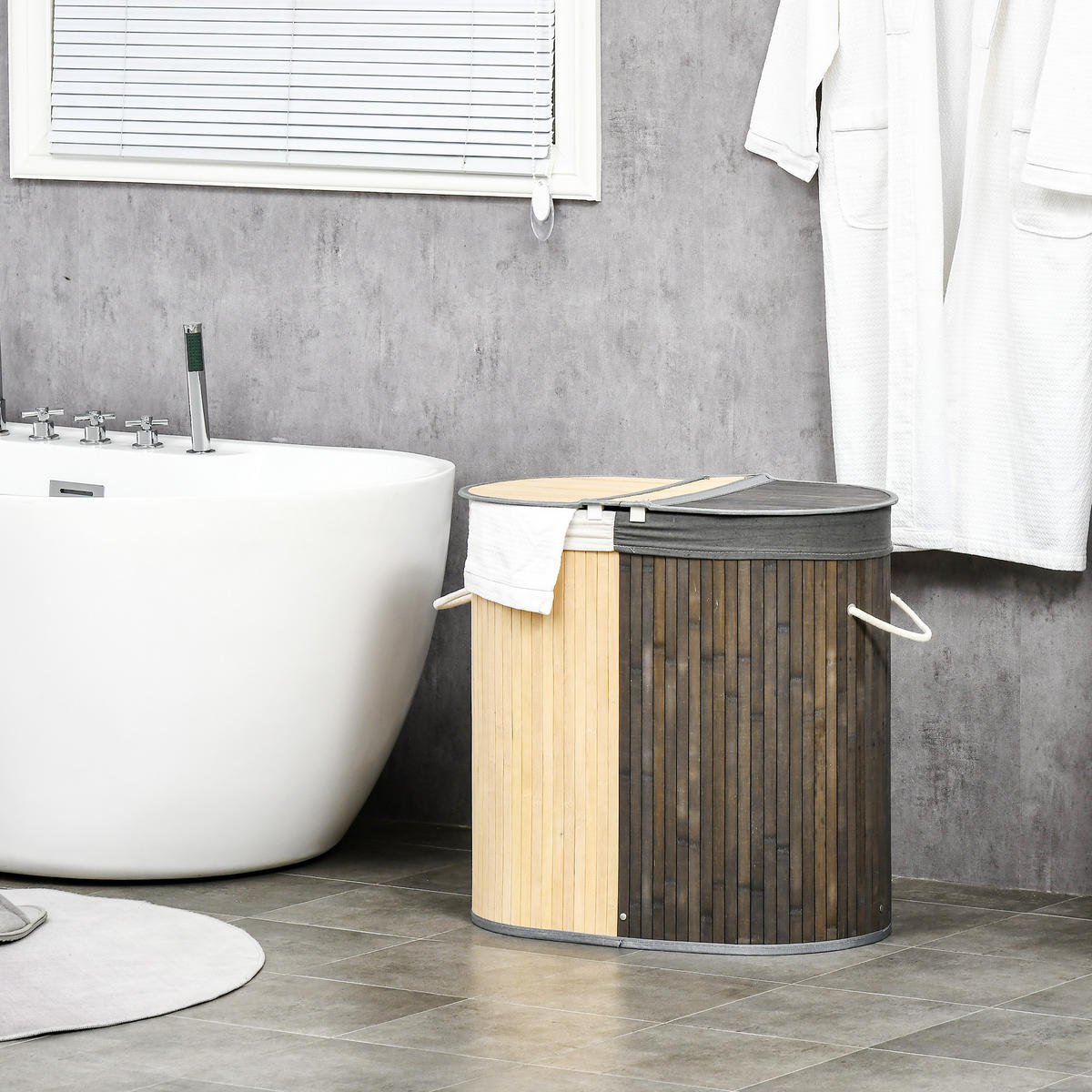 WÄSCHEKORB mit Deckel 100L Wäschesammler mit Griffen, 2 herausnehmbar Wäschesack - Grau, Naturmaterialien (37/60.5/62.5cm) - HOMCOM