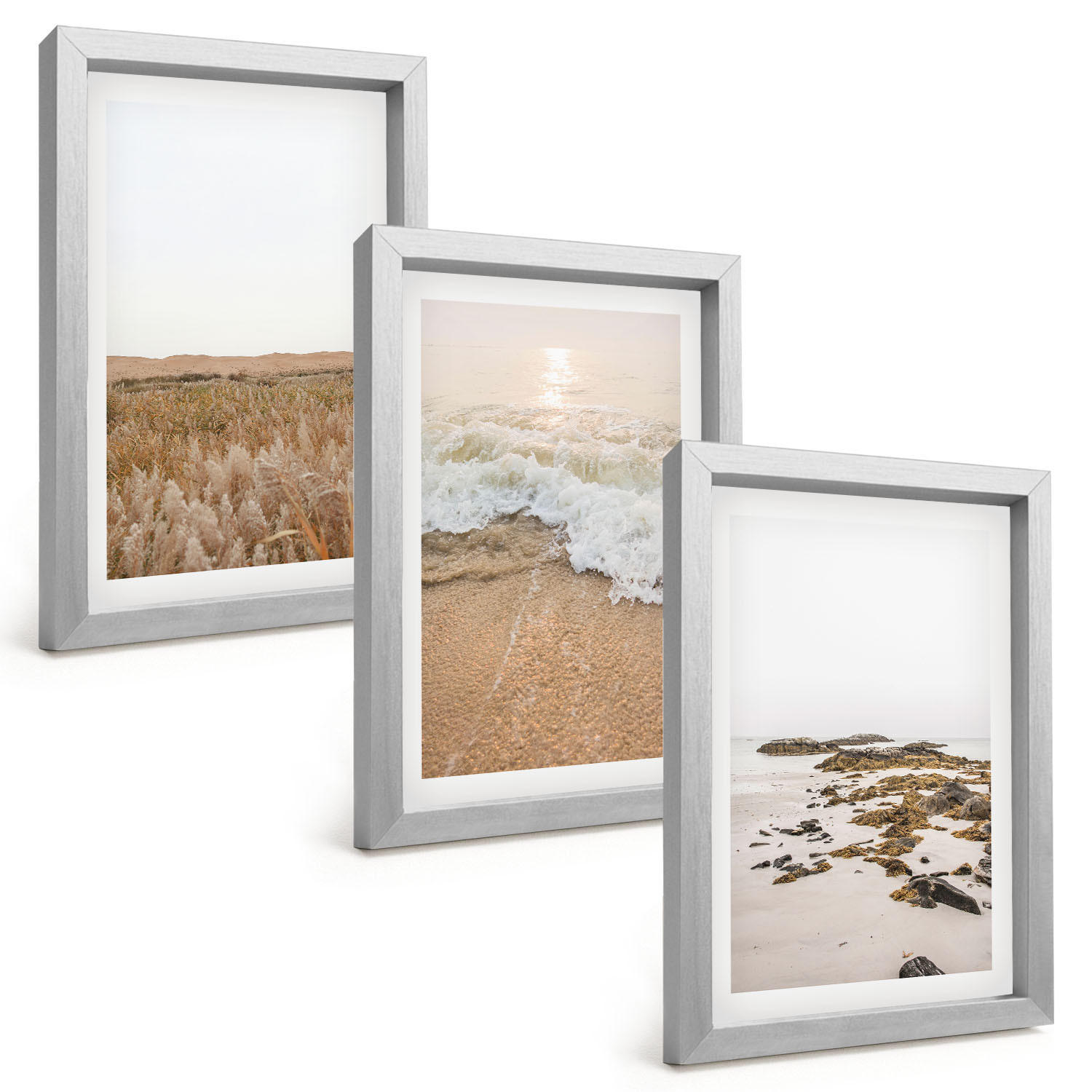 BILDER SET 3er Set - 20x30 cm Silberner Rahmen - Strandwellen, Steine, Sommer - Silberfarben, Kunststoff (20/30cm) - TULUP
