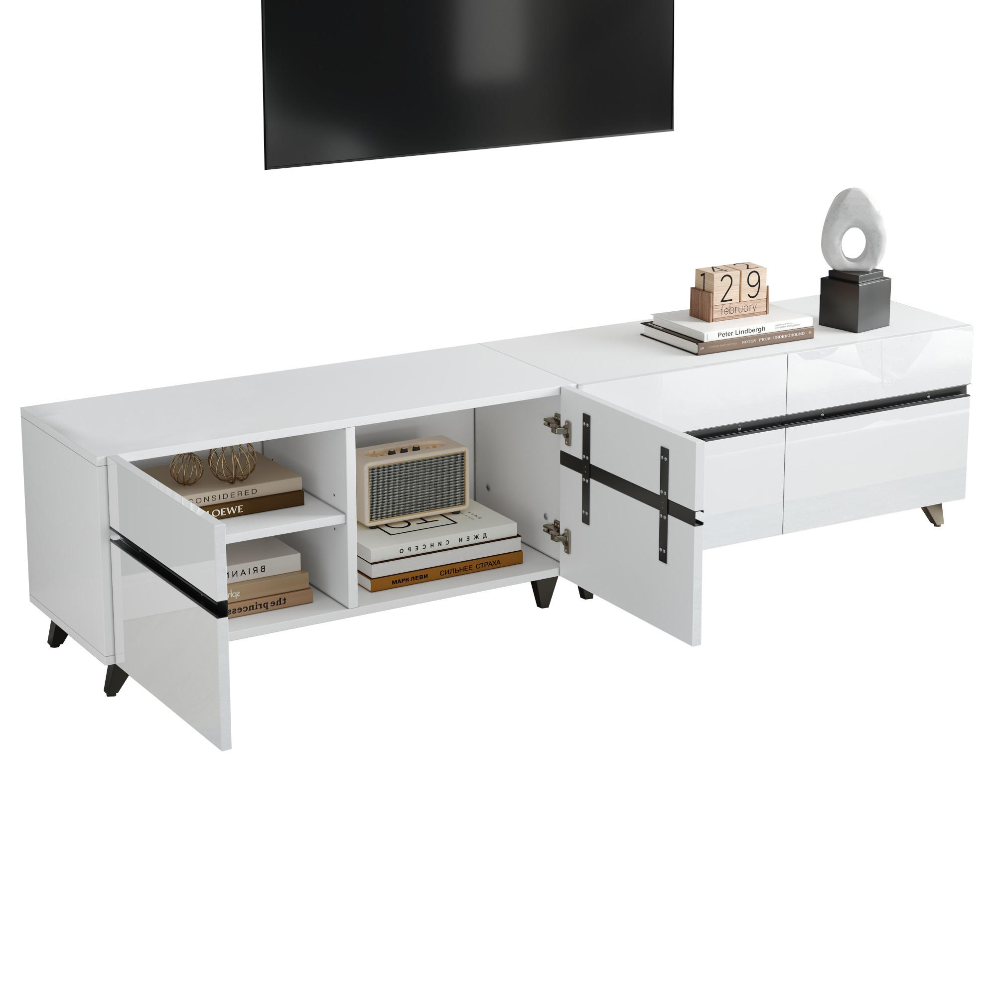 TV-LOWBOARD aus MDF 180x40x49 cm Weiß mit 4 Schränken, verstellbaren Einlegeböden und Hochglanzfront - Weiß, Holzwerkstoff (180/49/40cm) - Modfu