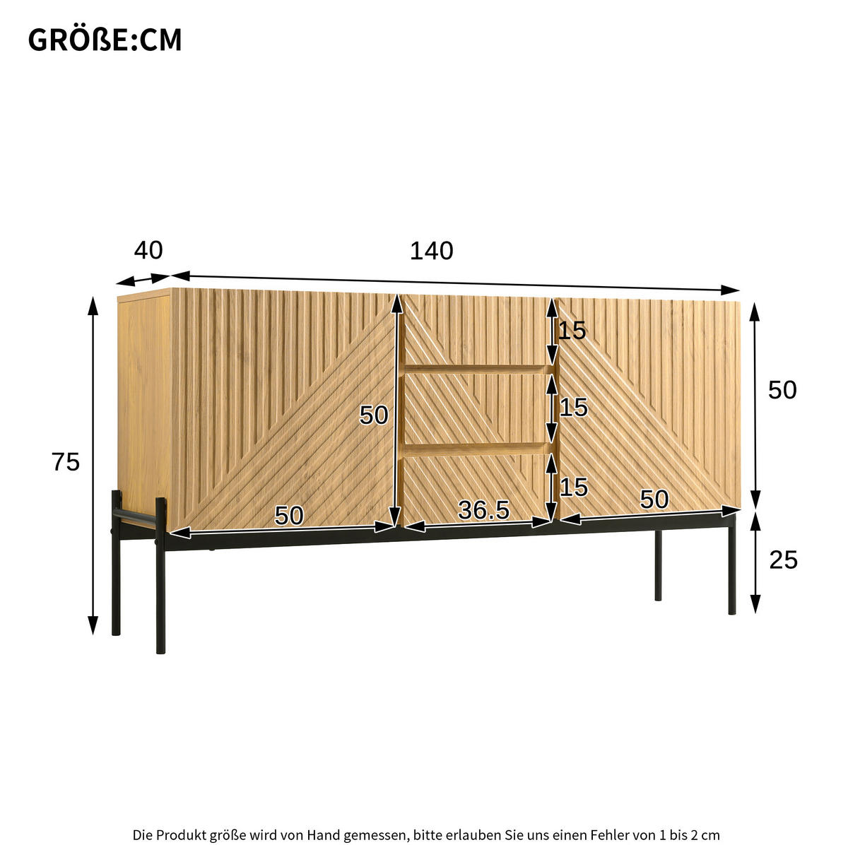 SIDEBOARD 140/40/75 cm mit 2 Türen, 3 Schubladen und Metallbeinen - Naturfarben, Holzwerkstoff (140/75/40cm) - BEAOK