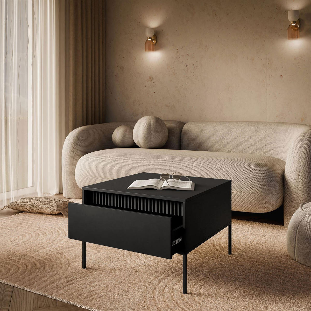 COUCHTISCH YASUMI mit Schublade schwarz matt - Schwarz, Holzwerkstoff (68/68/48.4cm) - Lookway