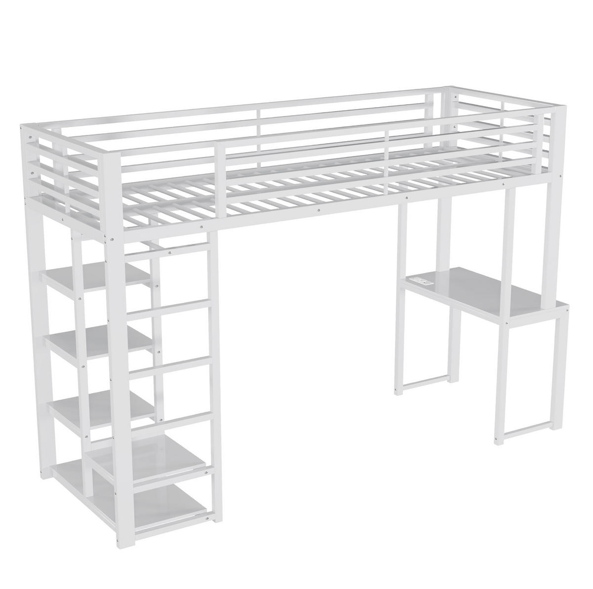 ETAGENBETT 90/200 cm Weiß mit Schreibtisch und Kleideraufbewahrung - Weiß, Metall (90/200cm) - MIVRAY