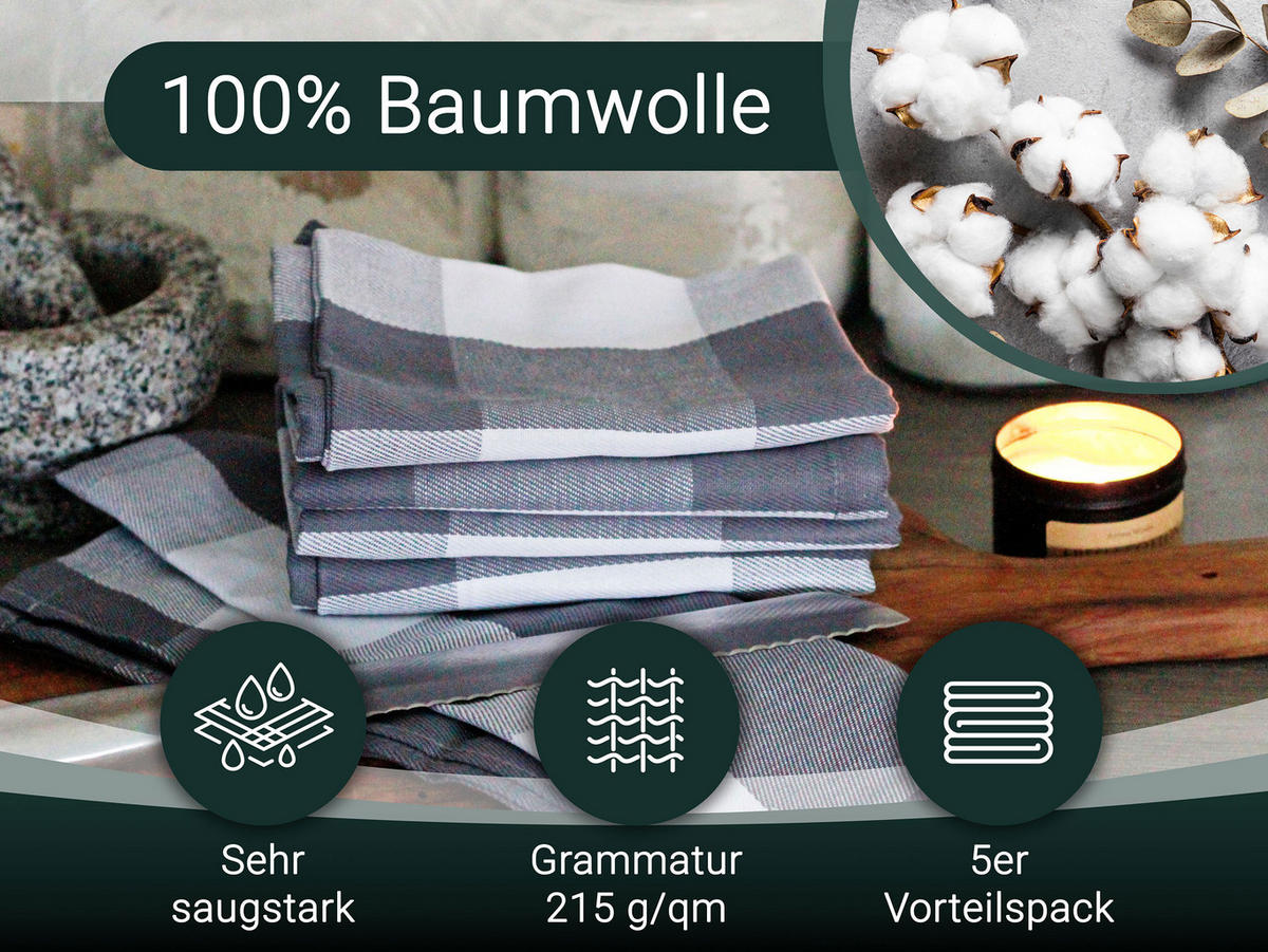GESCHIRRTÜCHER, 5er-Set, 50x70 cm, 100% Baumwolle, Grau - Anthrazit, Textil (50/70cm) - Zollner