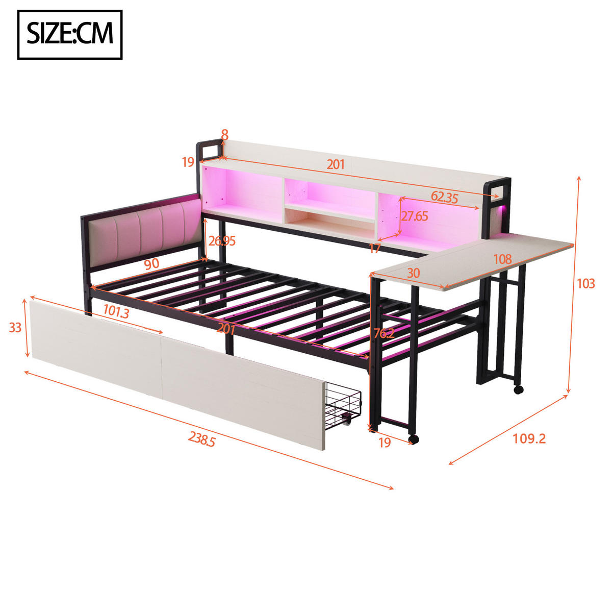 BETT 90/200 cm mit LED-Beleuchtung und Schreibtisch Weiß - Weiß, Metall (90/200cm) - OKWISH