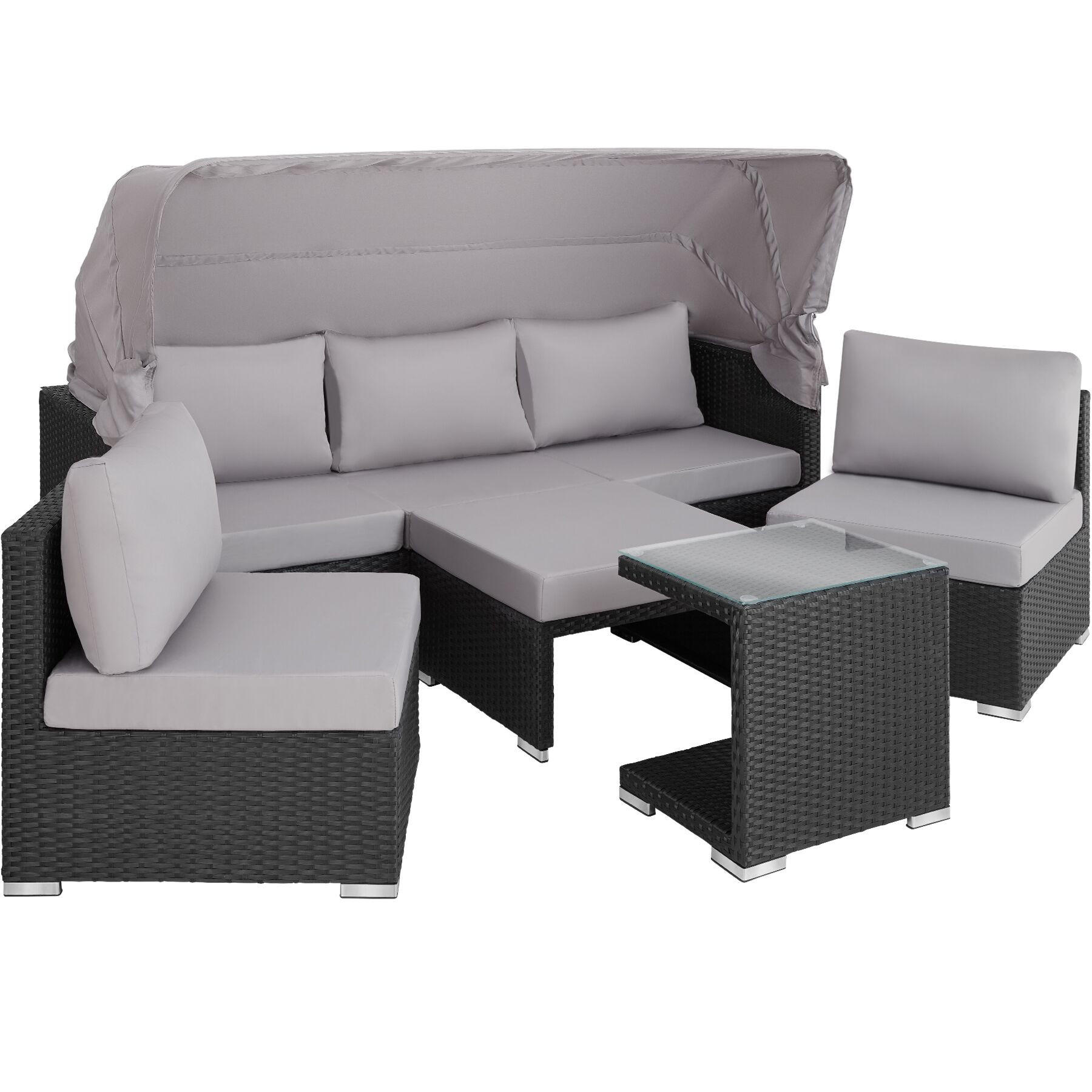 ALUMINIUM RATTANLOUNGE San Marino, mit klappbarem Sonnenschutz, schwarz - Schwarz, Kunststoff (68/131/199cm) - tectake