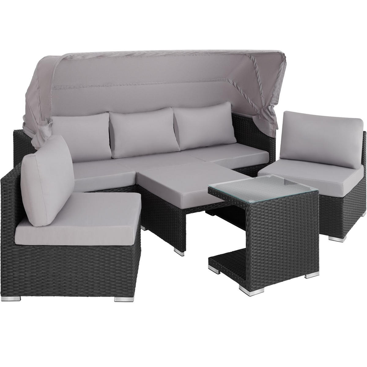 ALUMINIUM RATTANLOUNGE San Marino, mit klappbarem Sonnenschutz, schwarz - Schwarz, Kunststoff (68/131/199cm) - tectake