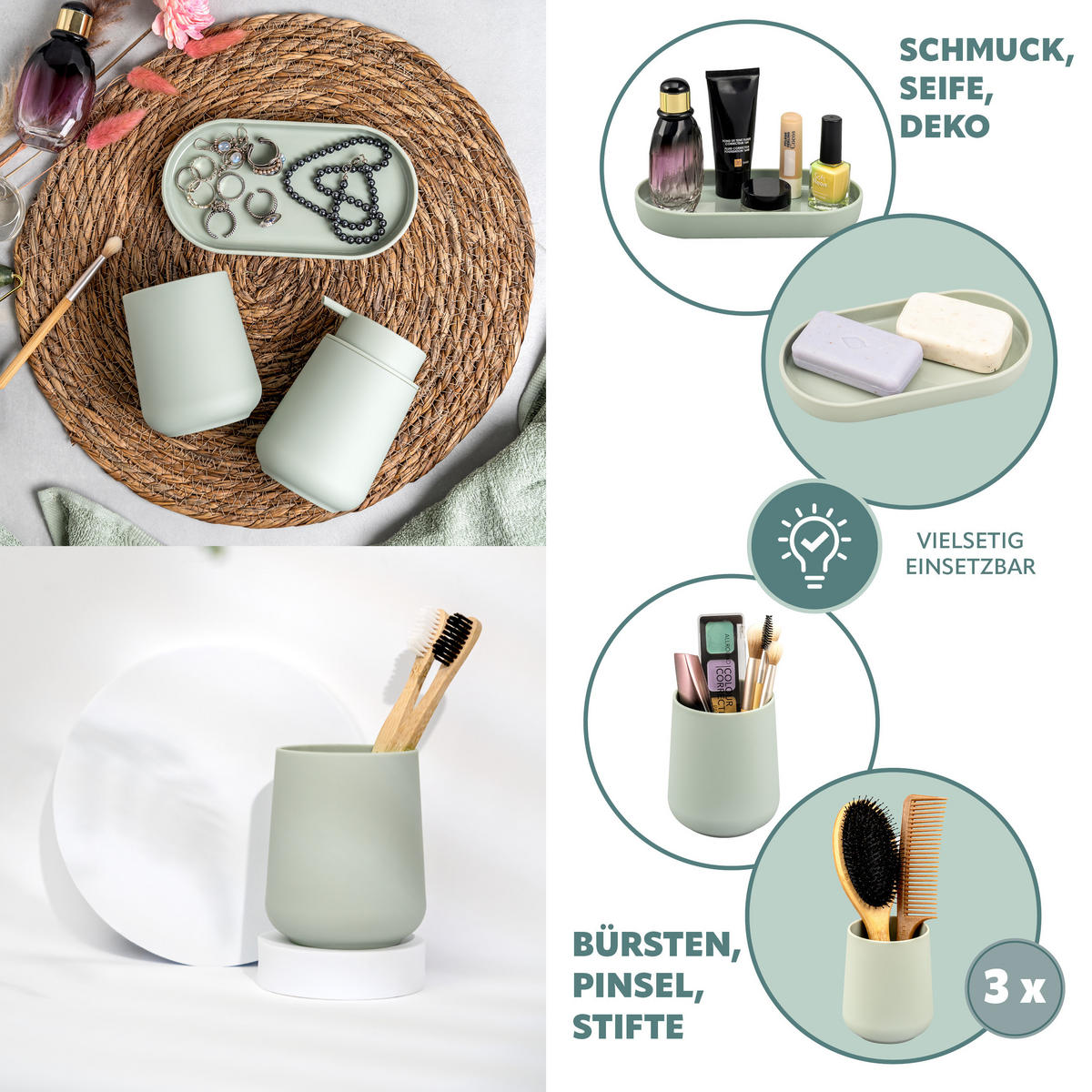 BAD-ACCESSOIRES-SET TESERO 5tlg., Soft-Touch, salbei - Salbeigrün, Kunststoff (8.5/12/9cm) - eluno