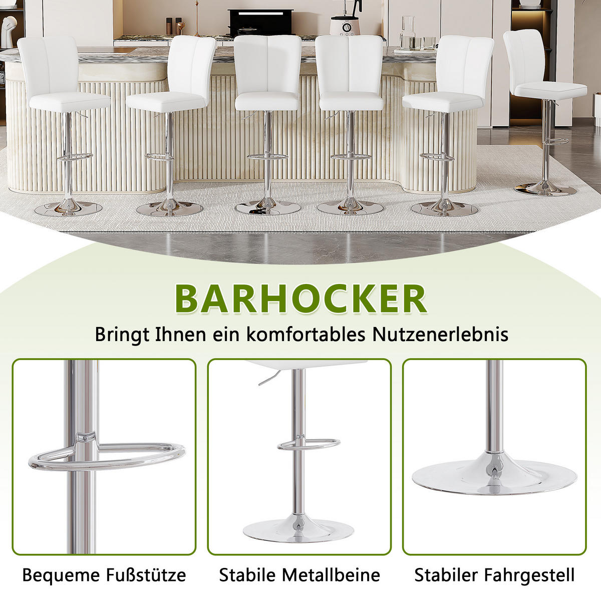 BARHOCKER 2er-Set Weiß-Silber höhenverstellbar & 360° drehbar mit PU-Leder - Weiß, Metall (44.5/95.5/44cm) - PANGIVO