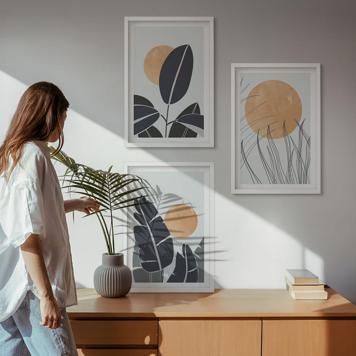 WANDBILDER 3er-Set - 40x60 cm Weißer Rahmen - Pflanzenmuster große Sonnen minimalistisch - Weiß, Kunststoff (40/60cm) - ArtPrintCave