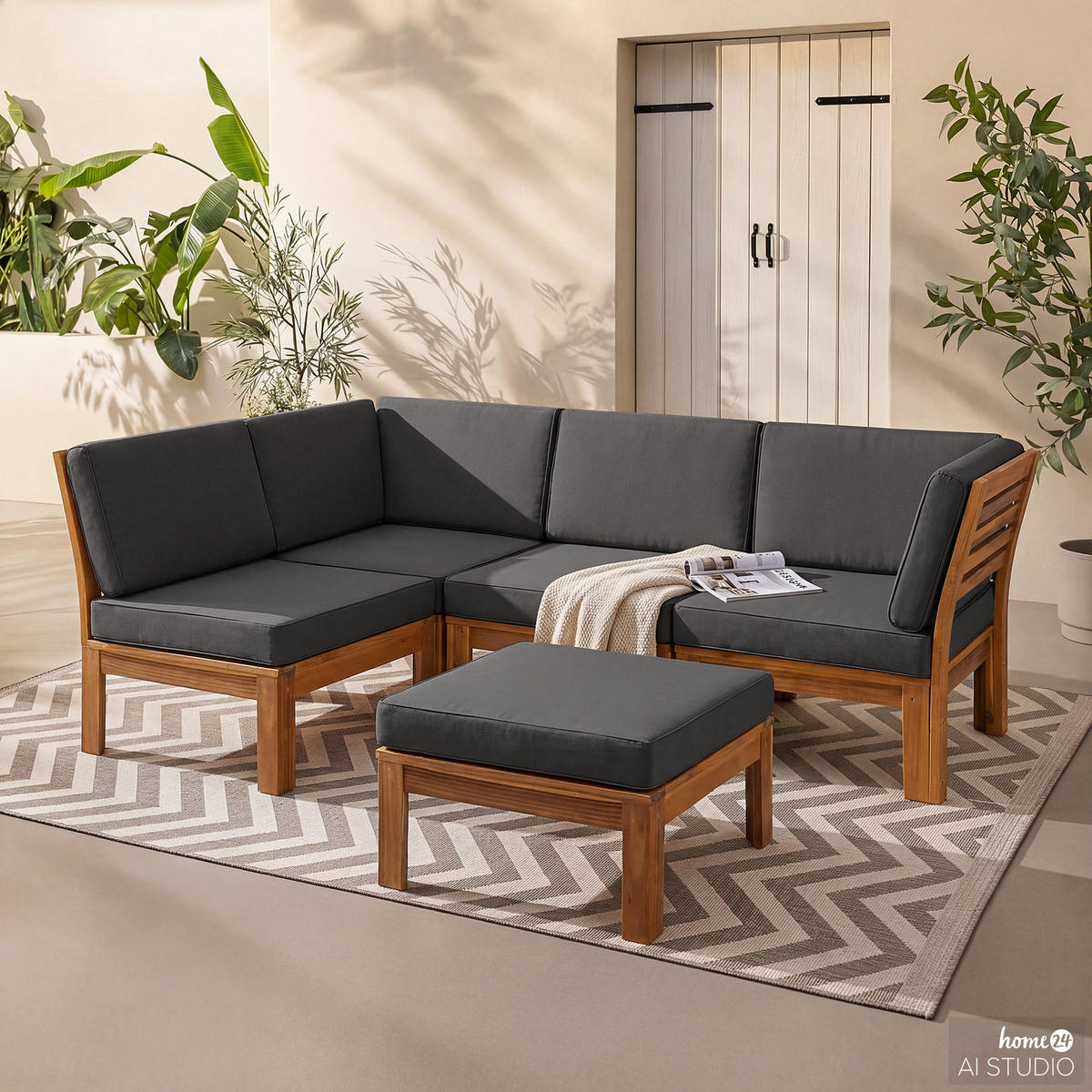 LOUNGEHOCKER - Webstoff / Akazie massiv - Anthrazit, Holz/Textil (60/38/60cm) - home24