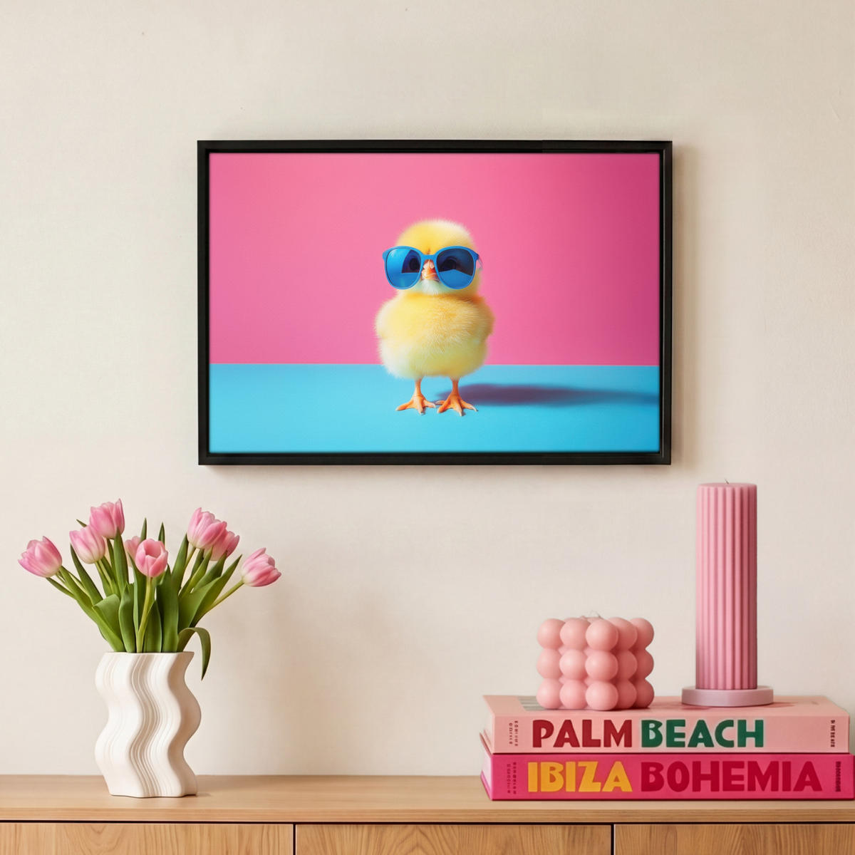 LEINWAND Bilder mit Rahmen - Chick - Sonnenbrille - Blau - 30x20 - Pink, Textil (30/20cm) - MuchoWow