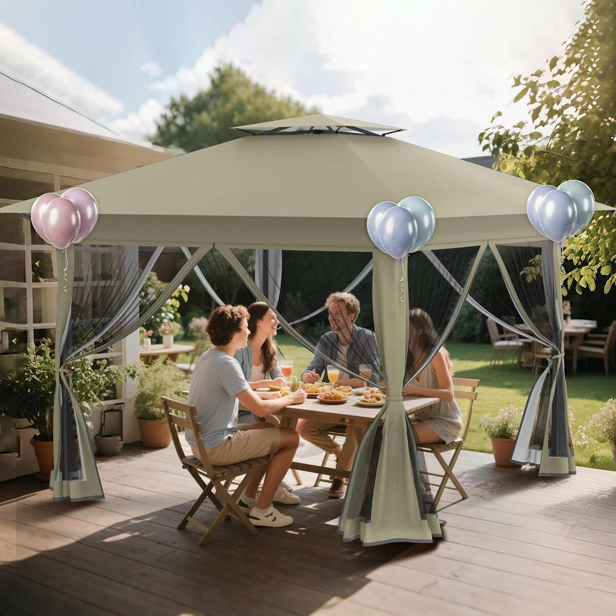 GARTENPAVILLON 4 x 4 m mit Moskitonetz Khaki - Olivgrün, Metall (400/285/400cm)