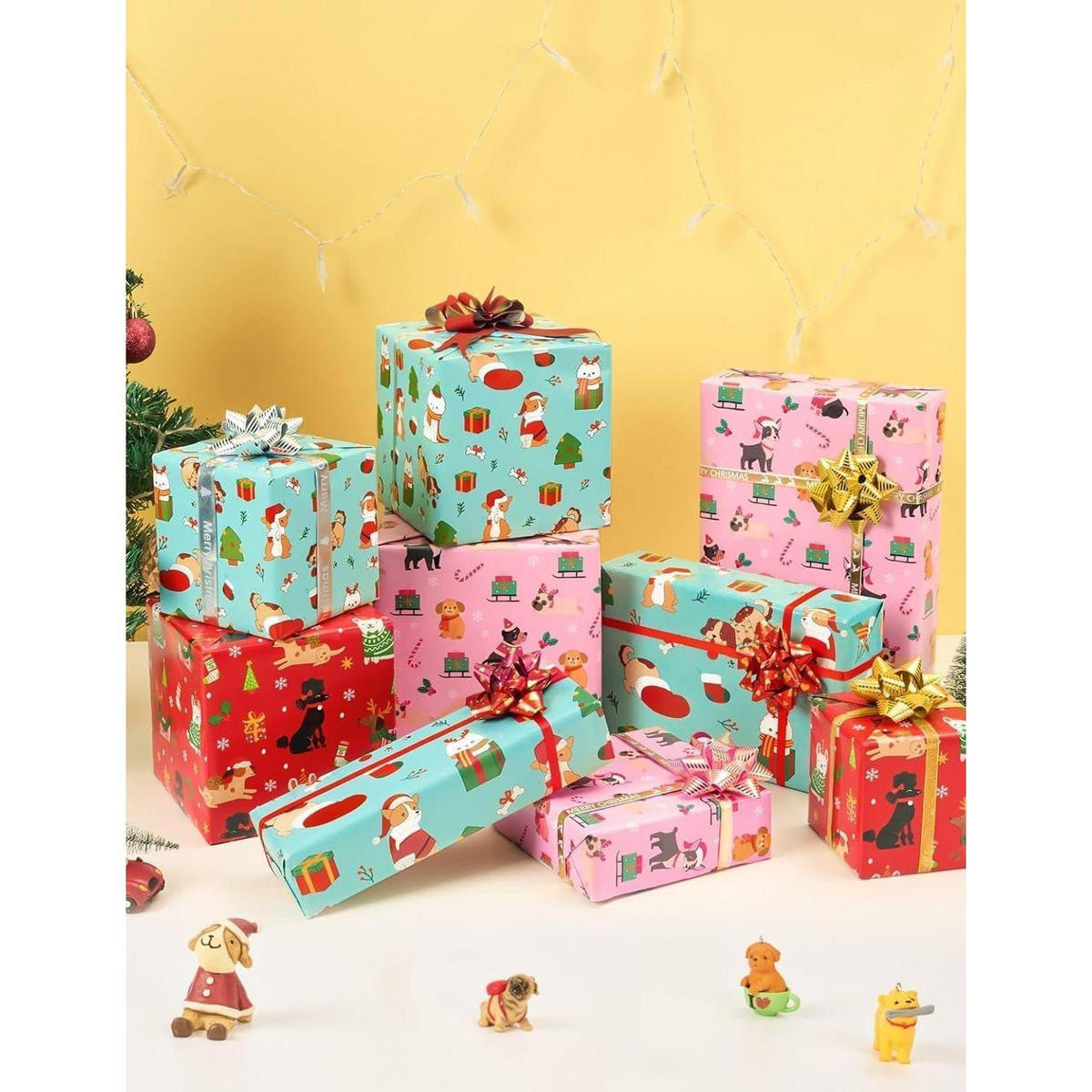 GESCHENKPAPIER 3 Rollen Set Weihnachtshunde 43 cm x 3 m - Multicolor, Papier (43/1/305cm)