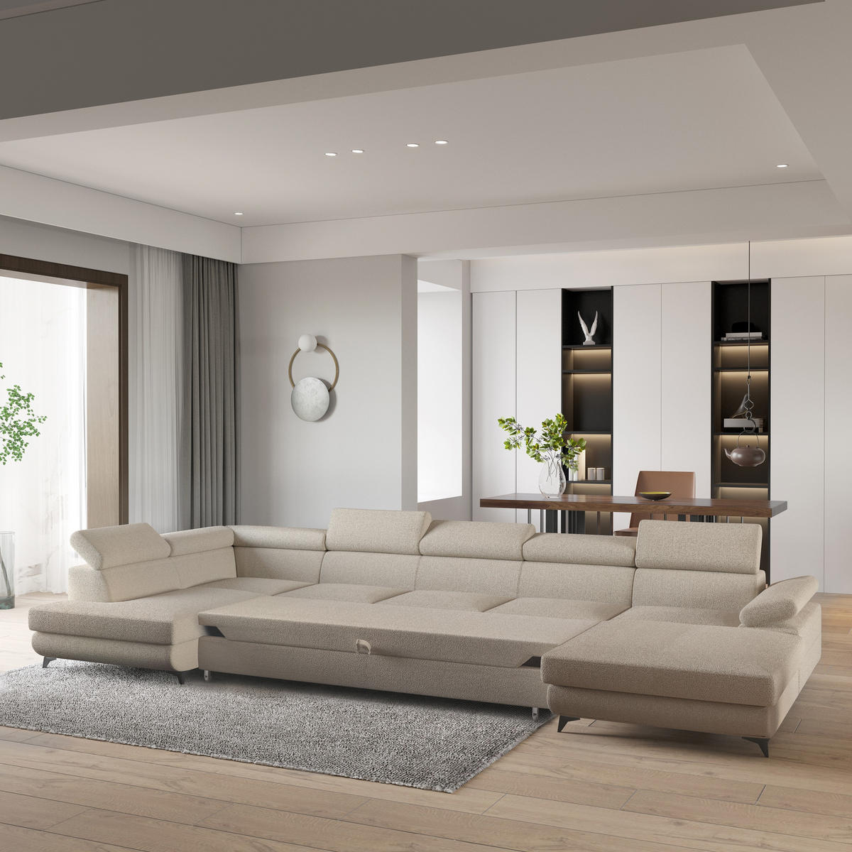 WOHNLANDSCHAFT MONTIVA Beige Boucle-Stoff mit Schlaffunktion - Beige, Holz (410/89/190cm) - MASSENO