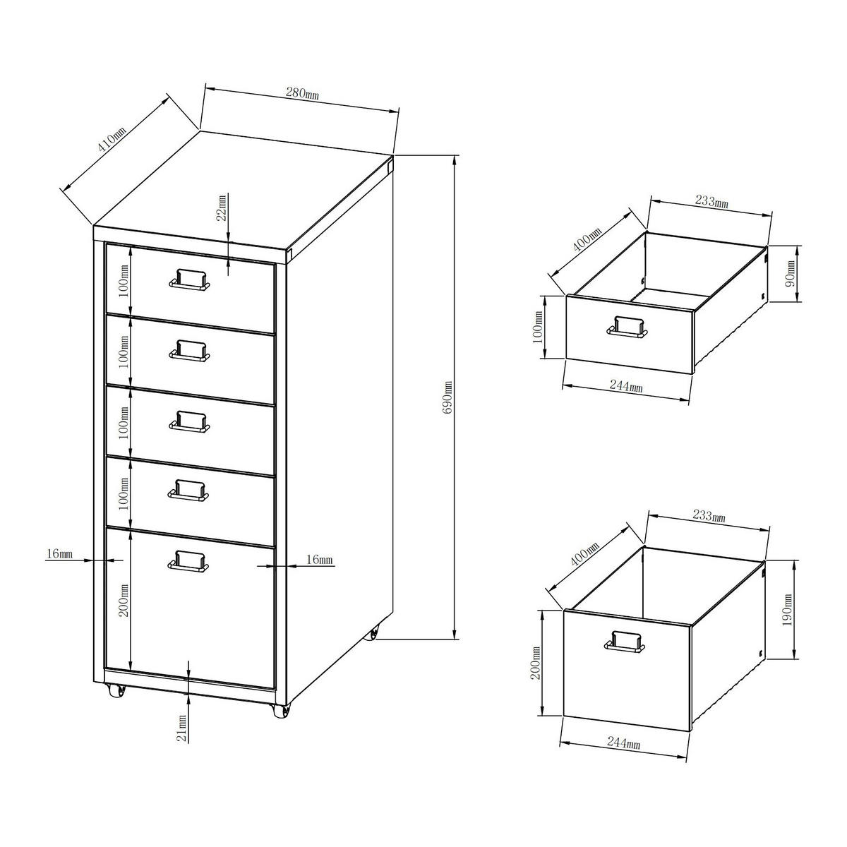 ROLLCONTAINER Kökar - Schwarz, Metall (28/69/41cm) - [en.casa]