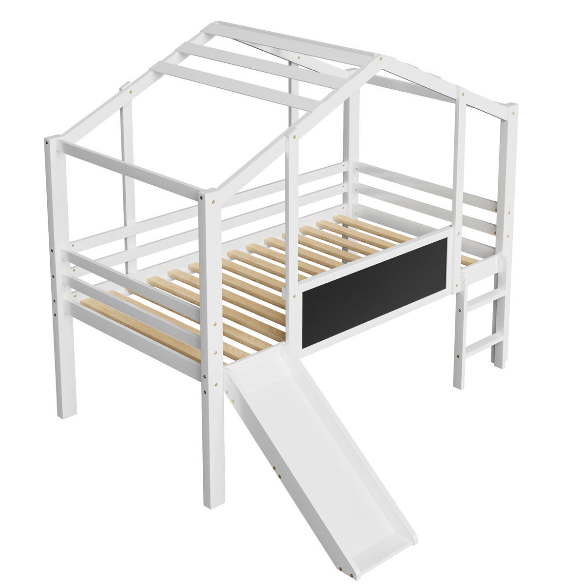 HOCHBETT 90/200 cm Dachboden-Design mit Rutsche und Tafel Weiß mit Matratze - Weiß, Holzwerkstoff (90/200cm) - OKWISH