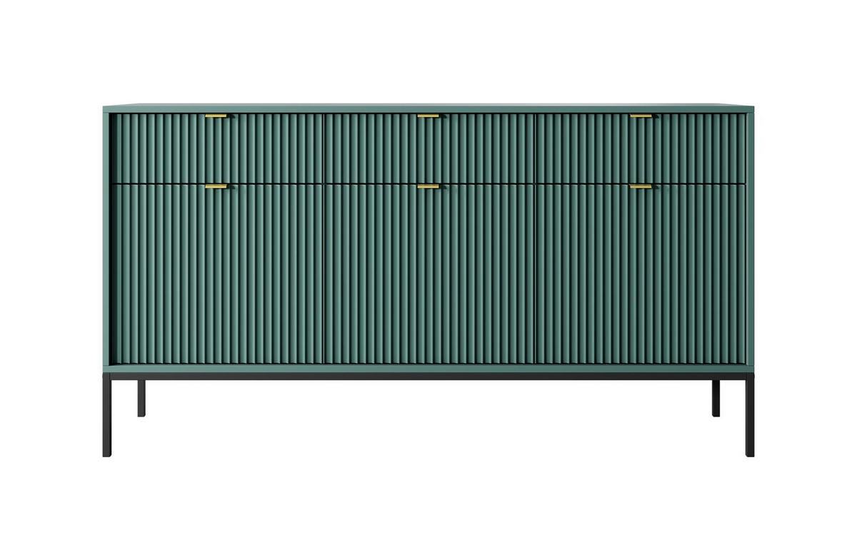 KOMMODE Nova Grün, Schwarze Beine und Goldene Griffe, Dreitürig - Goldfarben/Schwarz, Holzwerkstoff/Metall (154/83/39cm) - Bettso
