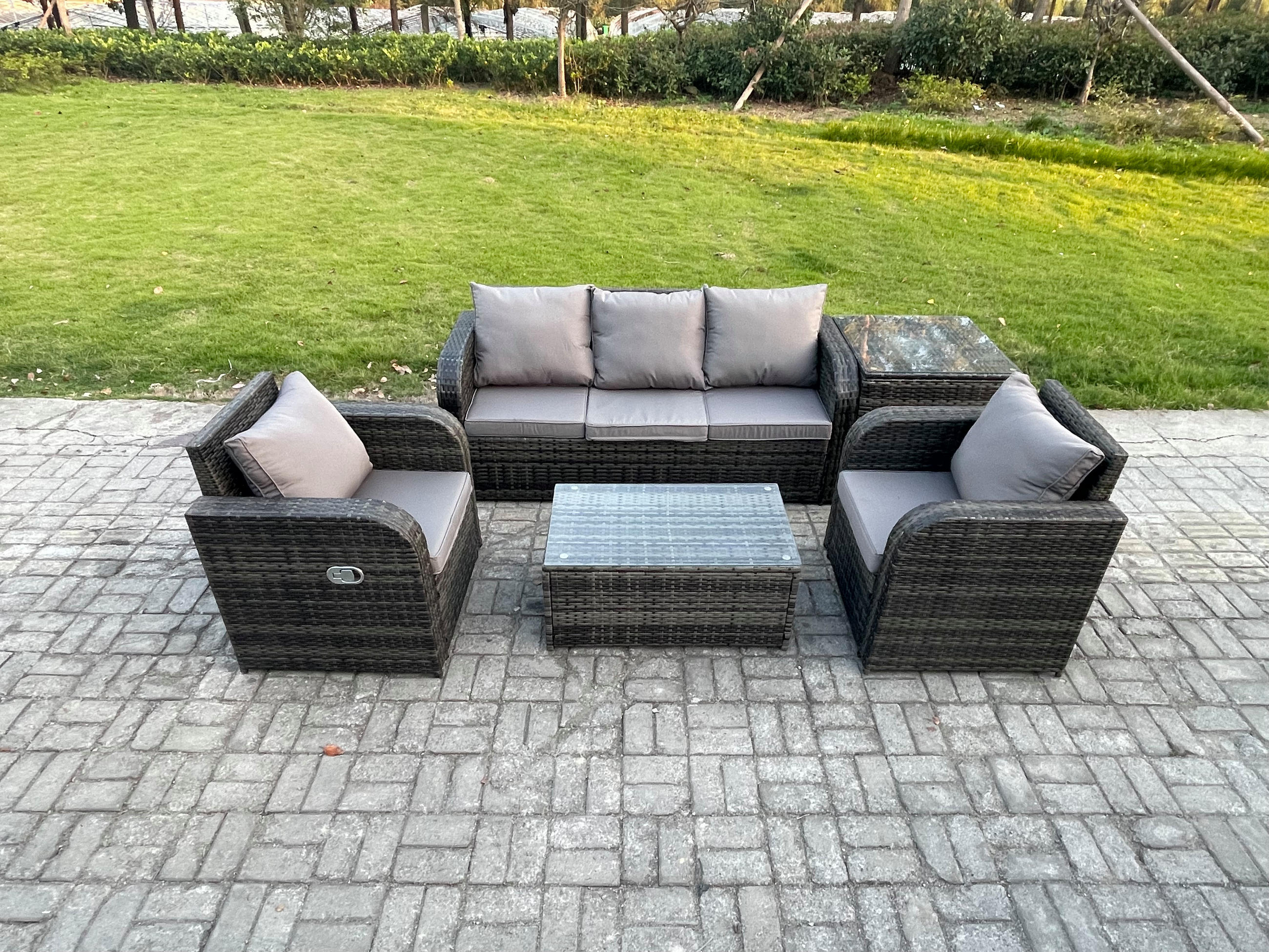 GARTENMÖBELSET mit Couchtisch Polyrattan 5-Sitzer - Dunkelgrau/Grau, Glas/Kunststoff - Fimous