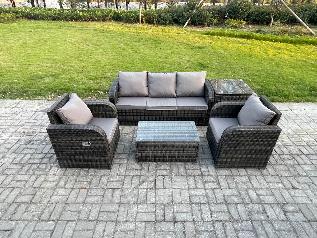 GARTENMÖBELSET mit Couchtisch Polyrattan 5-Sitzer - Dunkelgrau/Grau, Glas/Kunststoff - Fimous
