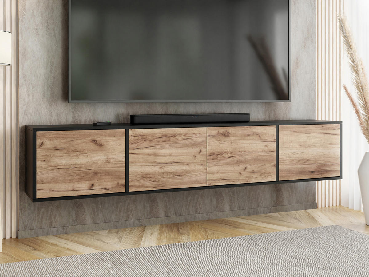 TV-LOWBOARD EDI 4 Schwarz / Craft Gold Eiche – 4-türig - Honigeiche/Schwarz, Holzwerkstoff (206.4/42/38.9cm)