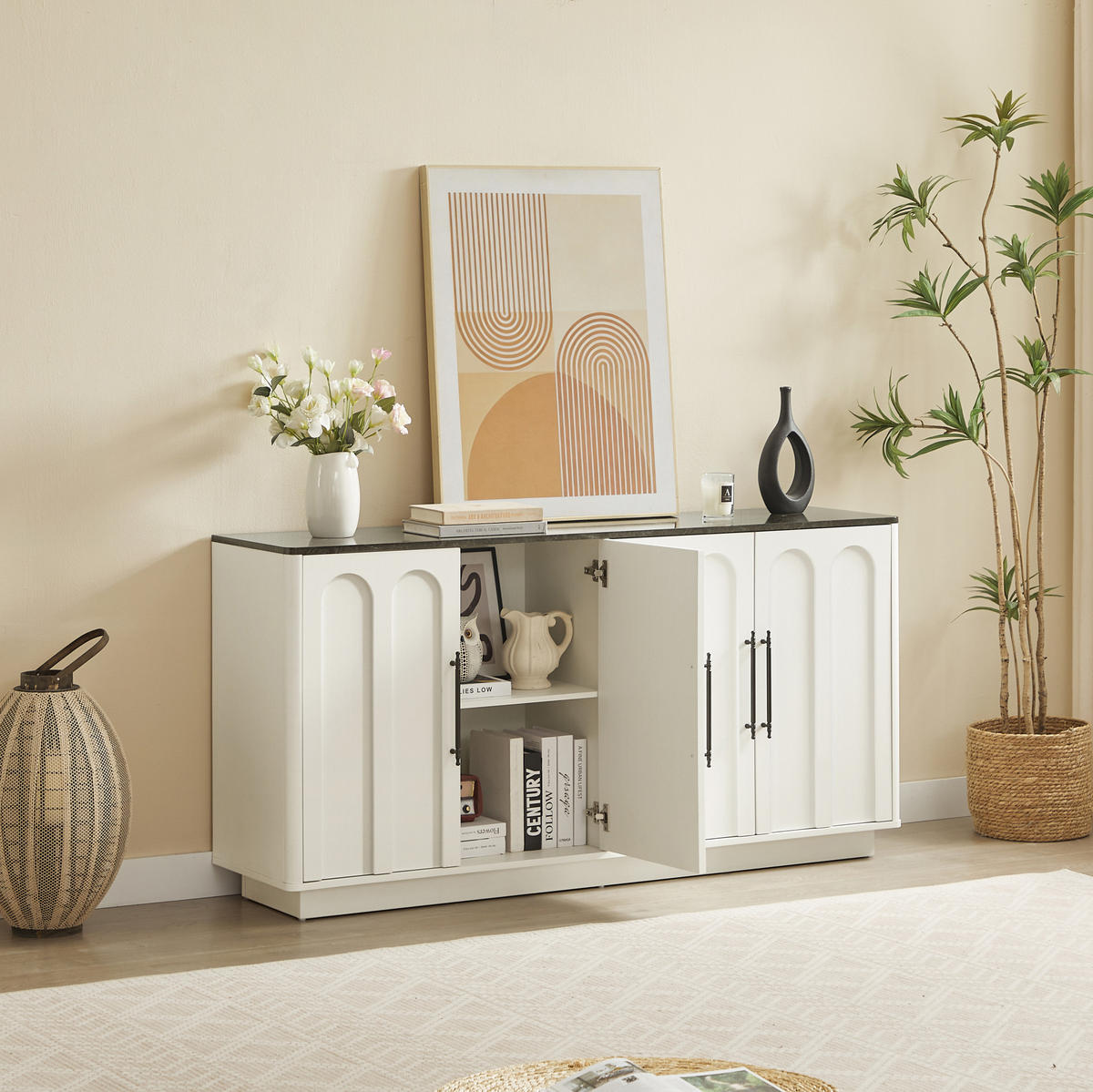 SIDEBOARD 160/40/80 cm weiß-schwarz aus MDF mit Soft-Close - Weiß, Holzwerkstoff (40/80/160cm) - OKWISH
