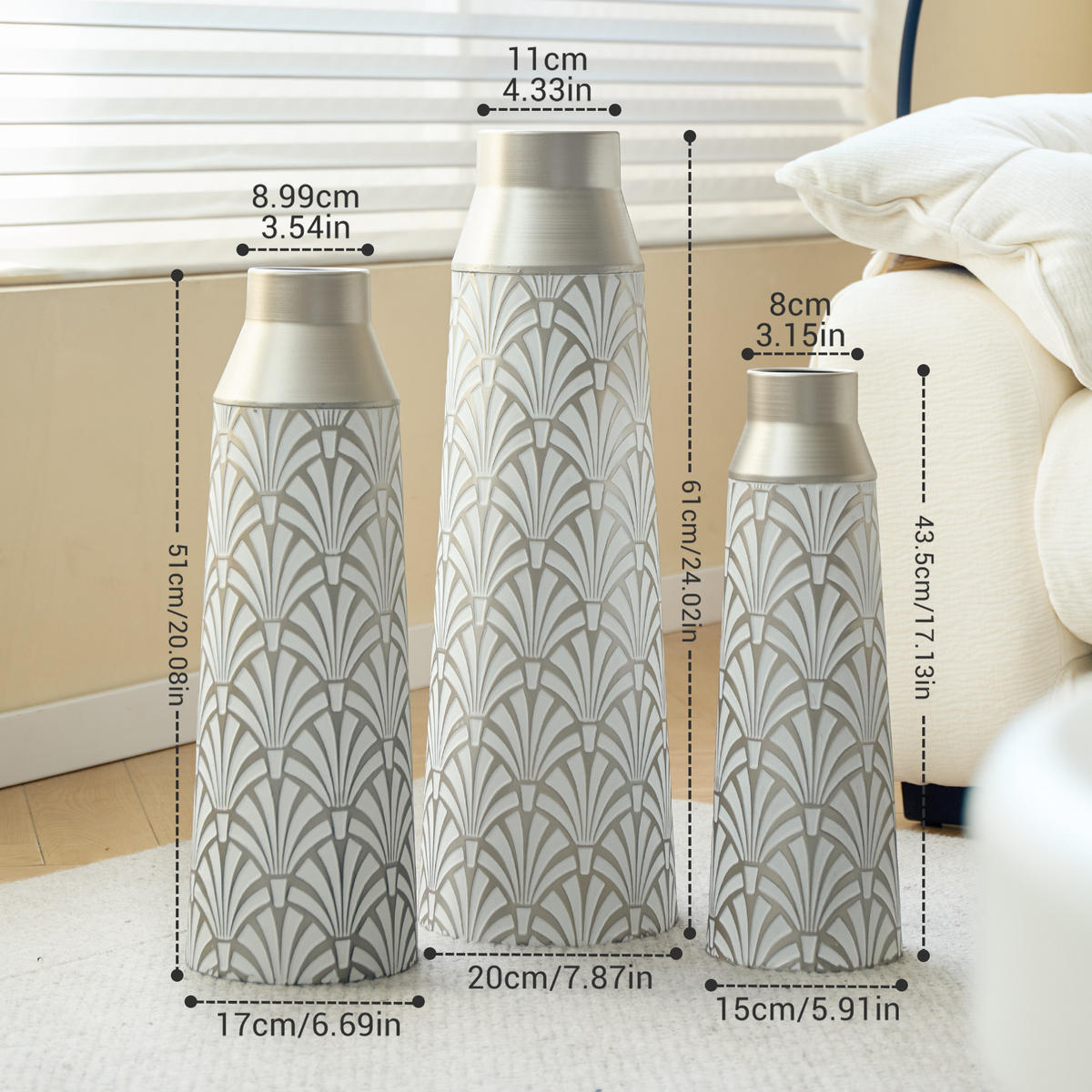 BODENVASE 3-tlg 43,5-61cm Metallbodenvasen Weiß-Silber Fächer-Muster Für Wohnzimmer - Silberfarben, Metall (66.54cm) - Raelunyi