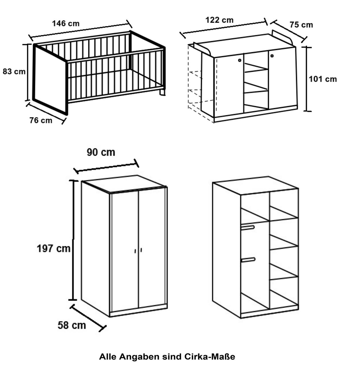 BABYZIMMER-SET 3-tlg.: Babybett & Wickelkommode & Kleiderschrank 2-türig B90/H197/T58 cm, Soft-Close, Landhausstil Weiß / 22801 - Silberfarben/Weiß, Holzwerkstoff/Metall (76/83/146cm) - luma-home