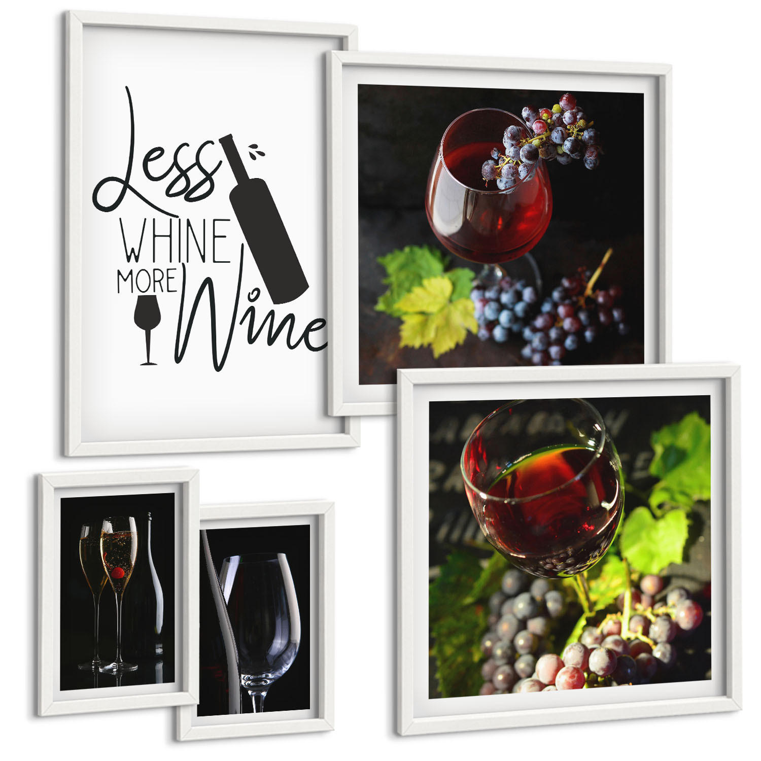 BILDER SET 5er Set - 50x50 cm & 20x30 cm & 40x60 cm Weißer Rahmen - Weingläser mit Trauben und Inschrift - Weiß, Kunststoff (40/60cm) - TULUP