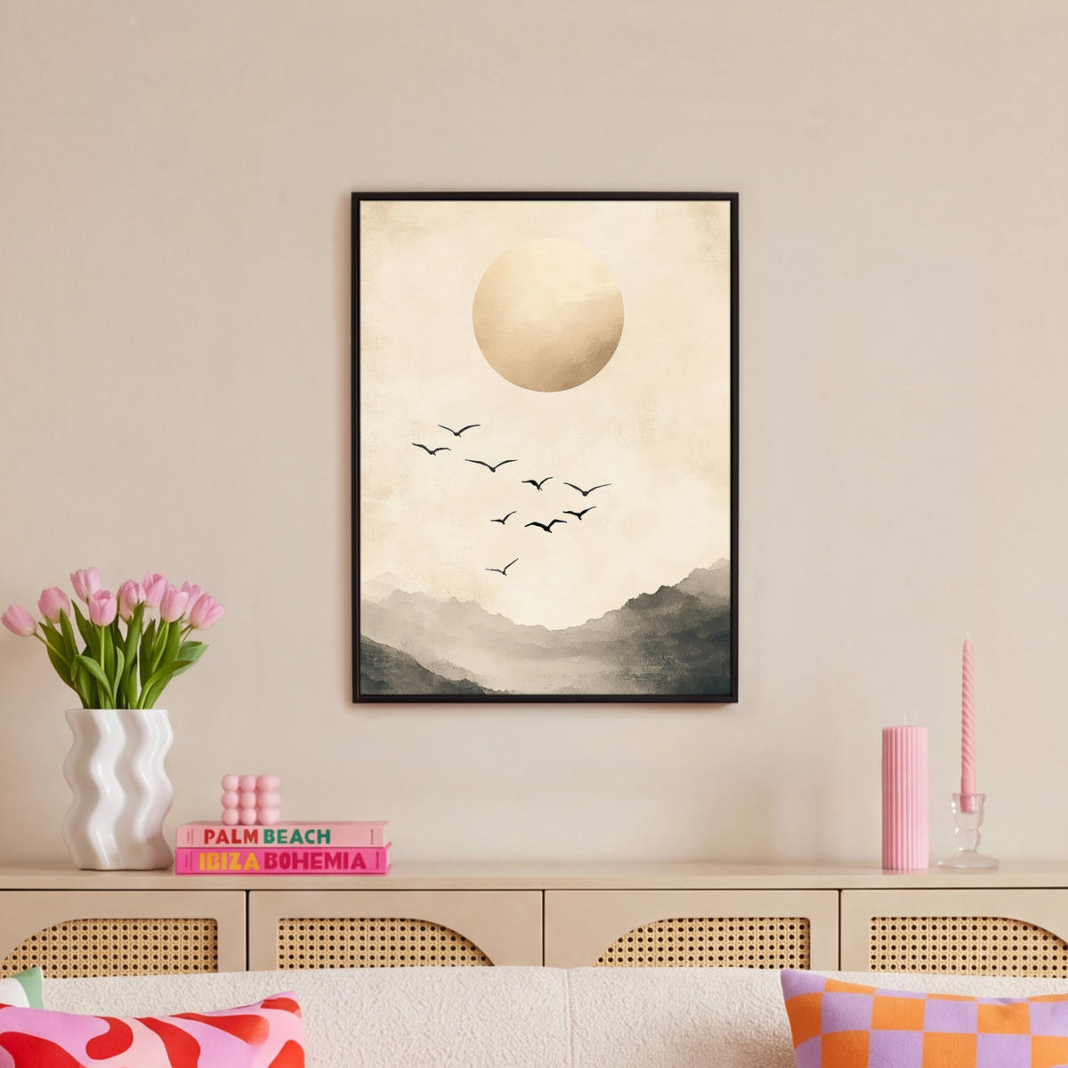 LEINWAND Bilder mit Rahmen - Landschaft - Japandi - Vogel - 60x80 - Beige, Textil (60/80cm) - MuchoWow