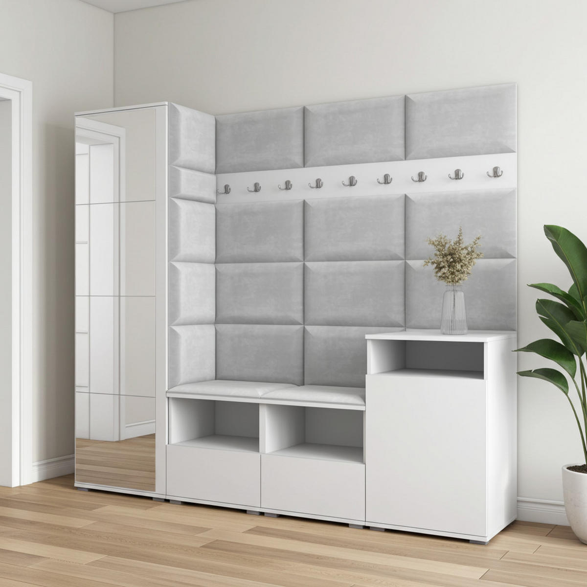 GARDEROBE NELA X 200 cm (Modulare Flurmöbel Weiß mit Spiegel & Sitzpolster Hellgrau 32 Schrank + Sideboard) - Silberfarben/Hellgrau, Holz/Holzwerkstoff (200/187/40cm) - Ravio