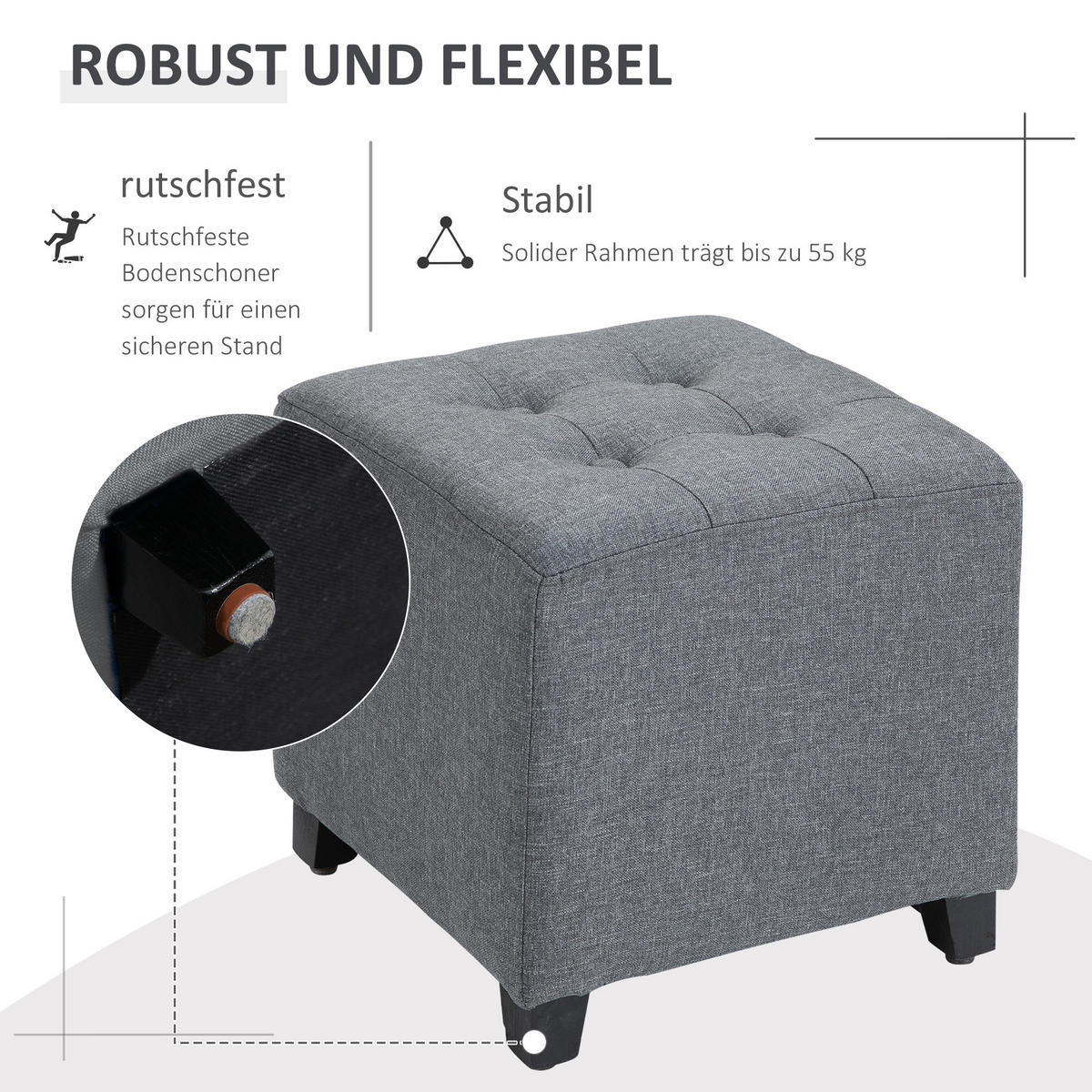 FUSSHOCKER, Quadratischer Sitzhocker, Ottomane mit Leinenoptik, Holzbeine Grau - Grau, Kunststoff (35/35/35cm) - HOMCOM