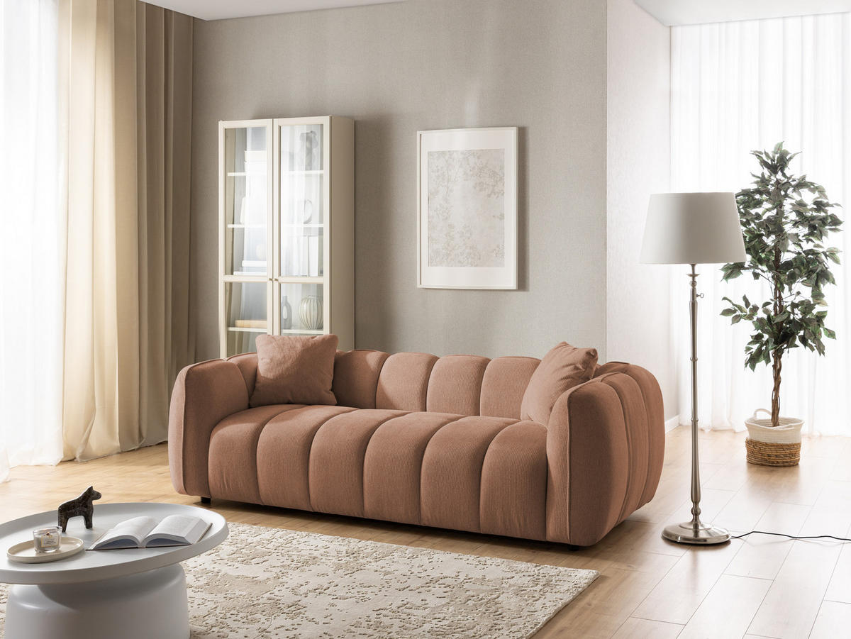 3-SITZER SOFA Nubira in tief gesteppter Bubble-Optik aus weichem Terrakotta Strukturstoff im modernen Design - Terracotta/Schwarz, Holz/Kunststoff (228/69/89cm) - S-Style Möbel