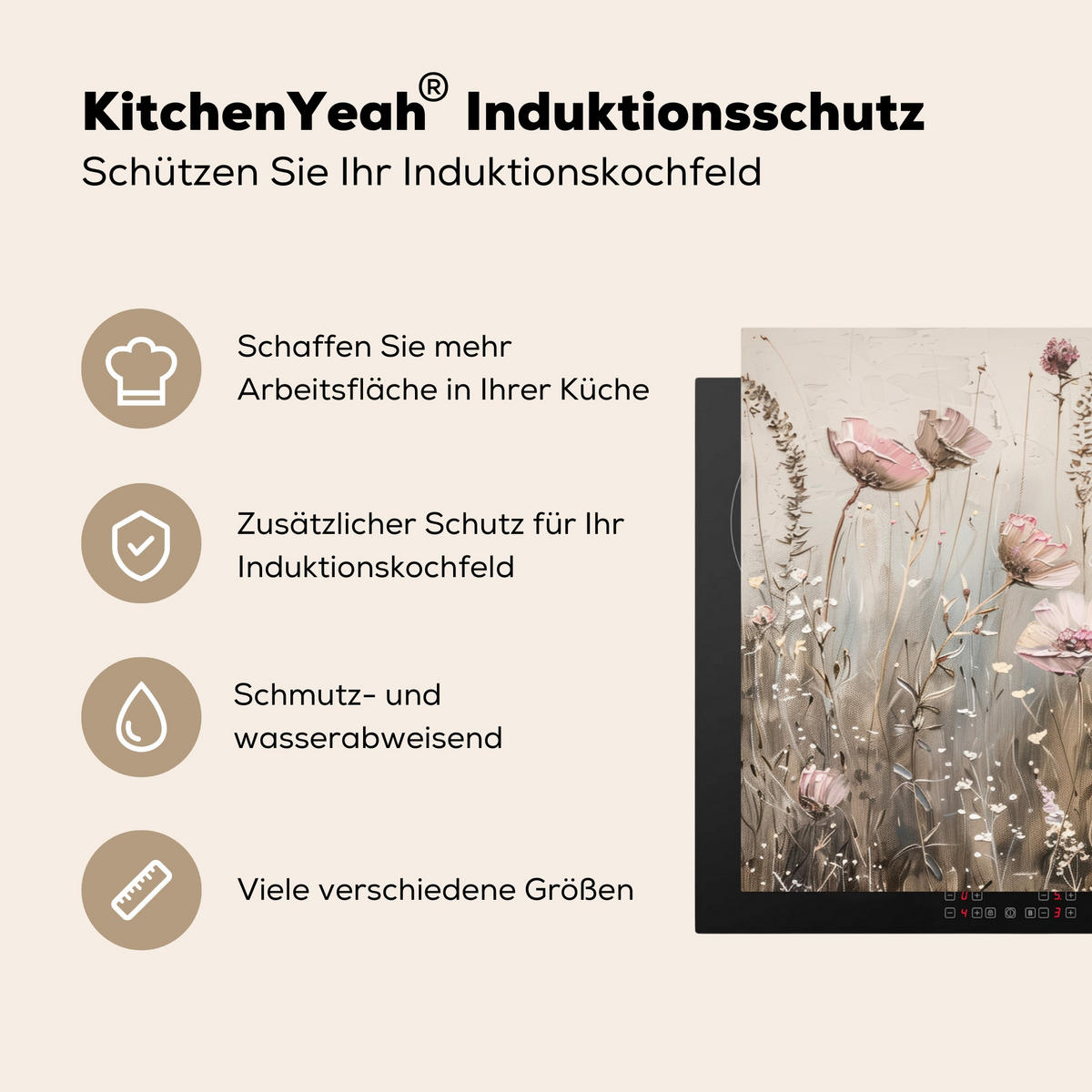 HERDABDECKPLATTE Blumen - Beige - Trockenblumen 89x51 cm - Beige, Kunststoff (89.6/51.6/0.2cm) - MuchoWow