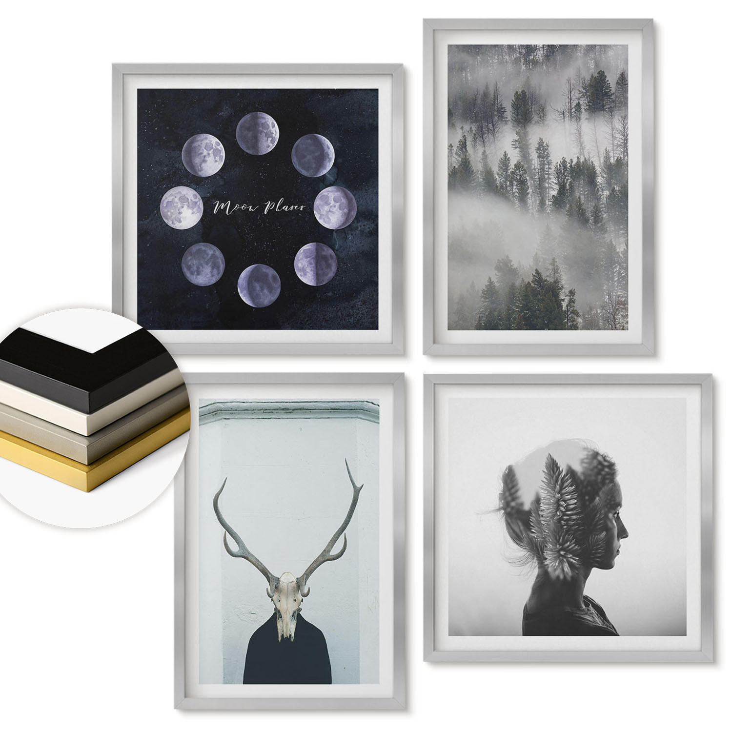 WANDBILDER 4er Set - 50x50 cm & 40x60 cm Silberner Rahmen - Waldnebel, Mond, Schädel, Frau - Silberfarben, Kunststoff (50/50cm) - ArtPrintCave