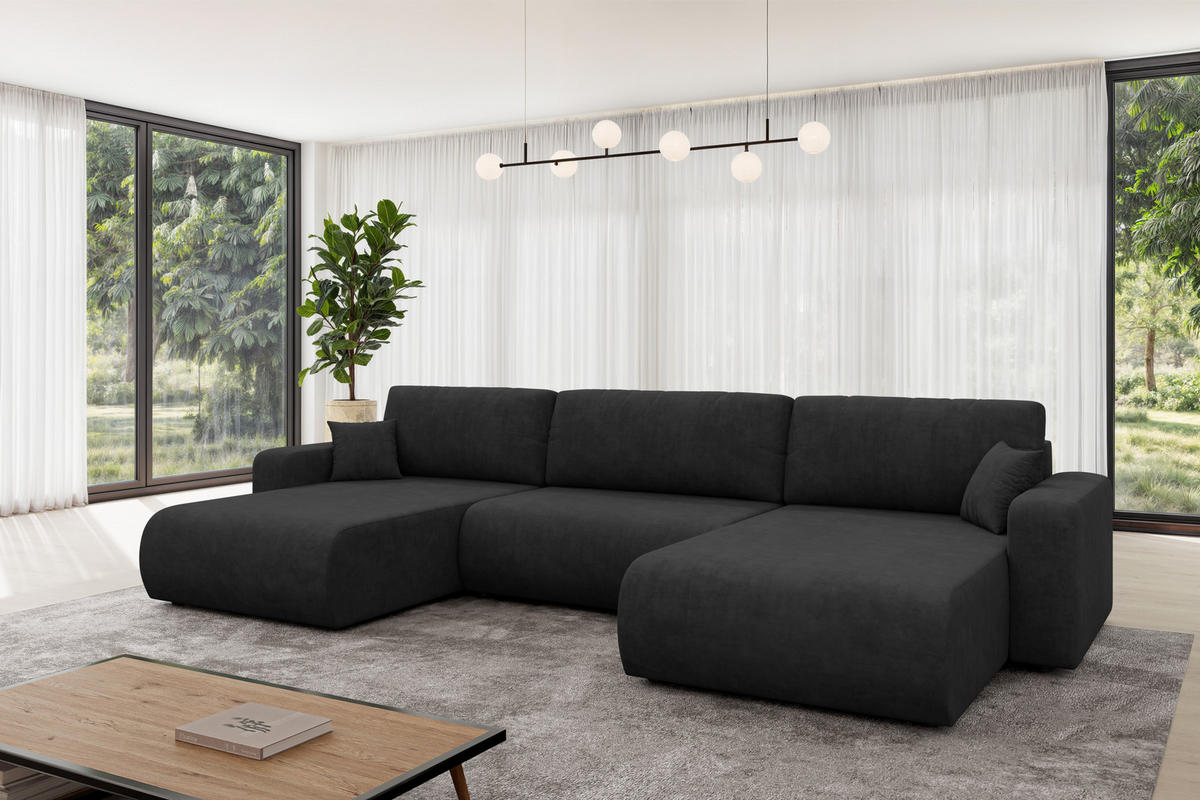SEDACÍ SOUPRAVA DO U s funkcí spaní a úložným prostorem BERY-U 377x193x88 černá velur - černá, kompozitní dřevo/textil (377/88/193cm) - ALTDECOR