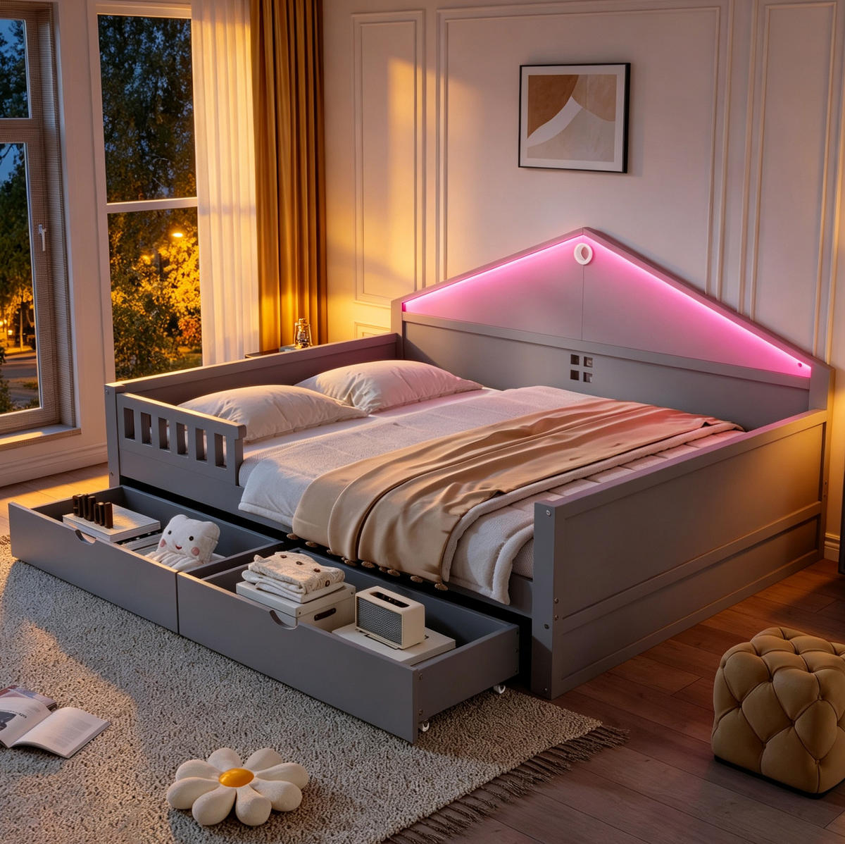 EINZELBETT 140x200 cm in Grau mit LED-Beleuchtung und 2 Schubladen - Grau, Holz (140/200cm) - IVMEU