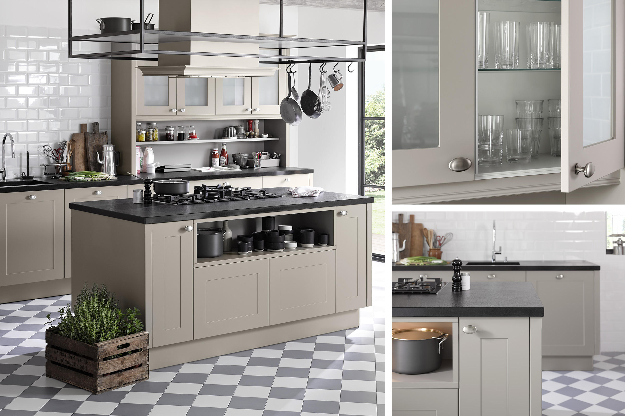 Collage mit drei Detailaufnahmen einer modernen Landhausküche mit Kochinsel und praktischem Stauraum.