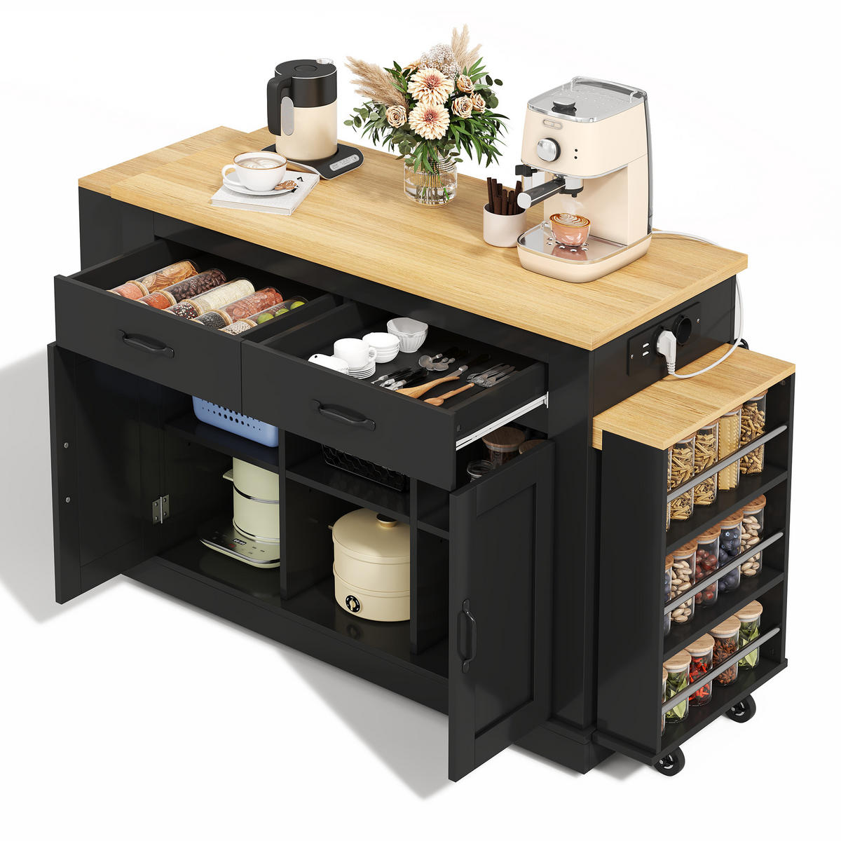 KÜCHENINSEL 142/55/93 cm schwarz aus MDF mit Ausziehplatten - Schwarz, Holzwerkstoff (142/93/55cm) - OKWISH