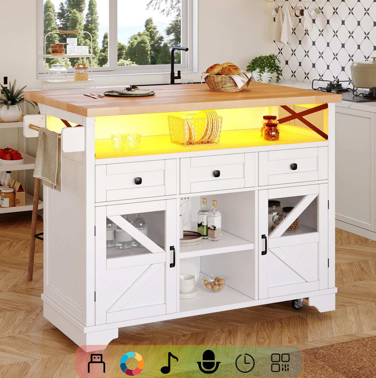 KÜCHENINSEL 120/43/98 cm aus MDF mit klappbarer Arbeitsplatte und App-LED Weiß - Weiß, Holzwerkstoff (120/98/43cm) - Modenvie