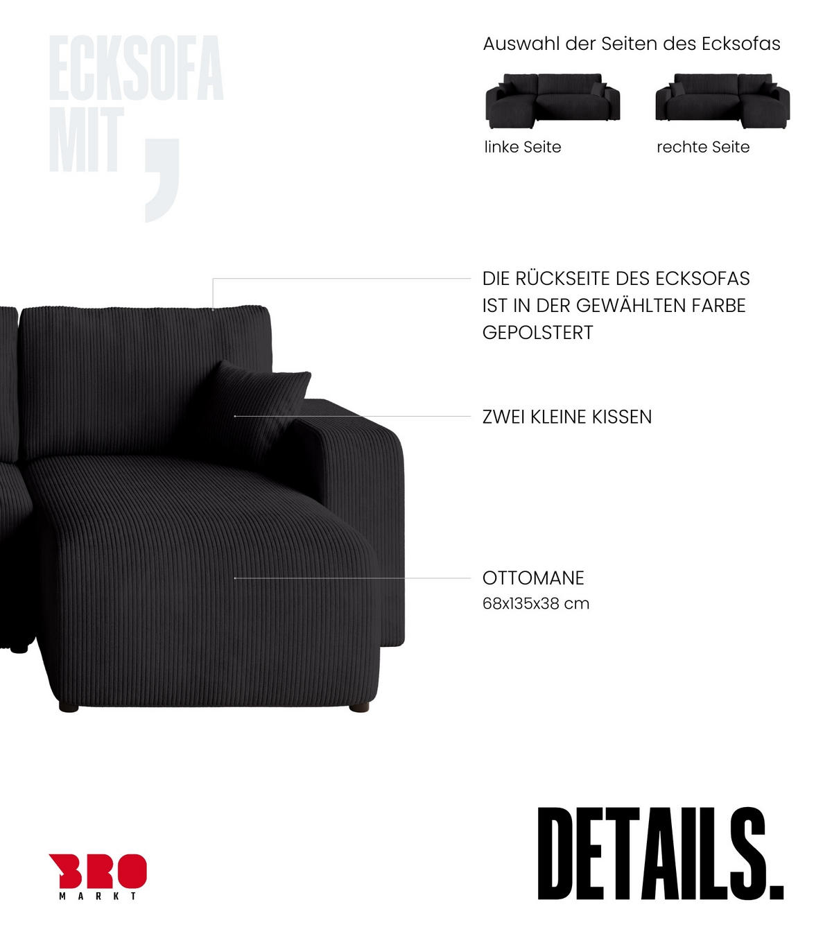 ECKSOFA PUMI mit Schlaffunktion Schwarz Cord - Schwarz, Textil (244/148cm) - Bromarkt