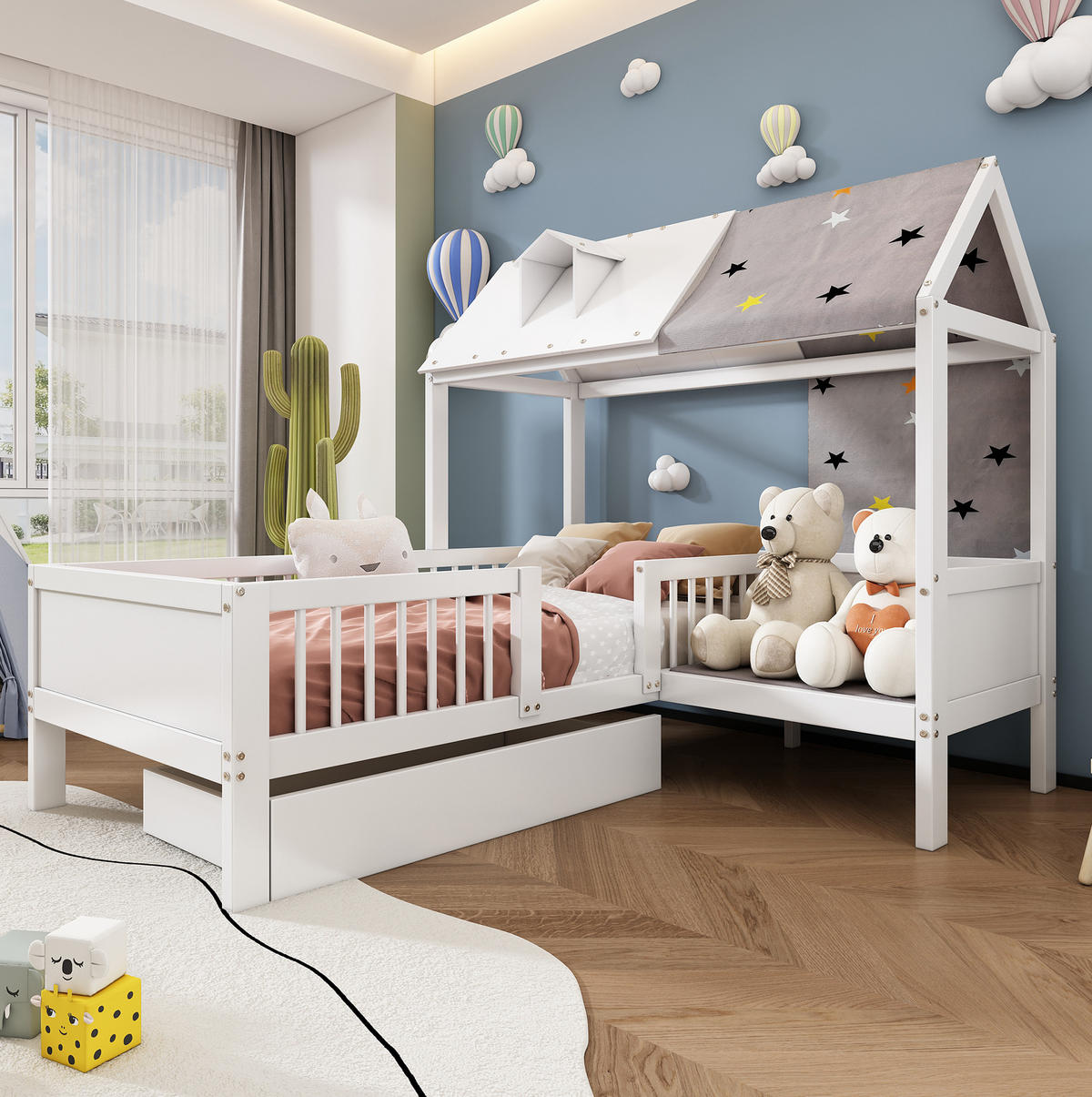 KINDERBETT Hausbett 90/200 cm Weiß mit Schubladen und Lattenrost - Weiß, Holzwerkstoff (90/200cm) - BEAOK
